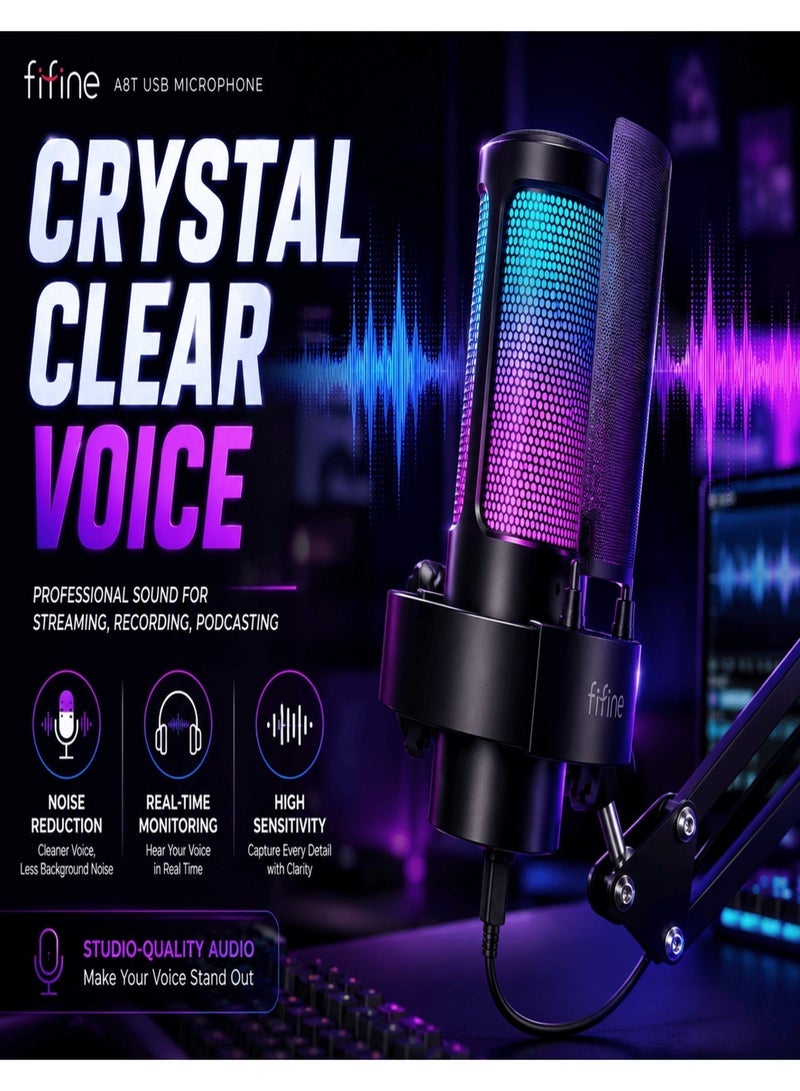 FIFINE USB Gaming Microphone Kit, PC Streaming Mic with RGB Lights, Mute, Gain Knob, Metal Boom Arm for Recording Podcast, Condenser Computer Microphone Set Compatible with PS4/PS5-AmpliGame A8T - Image 3