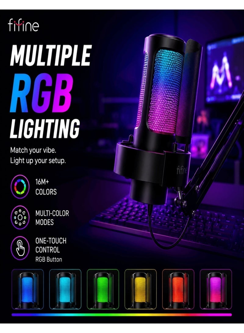 FIFINE USB Gaming Microphone Kit, PC Streaming Mic with RGB Lights, Mute, Gain Knob, Metal Boom Arm for Recording Podcast, Condenser Computer Microphone Set Compatible with PS4/PS5-AmpliGame A8T - Image 4