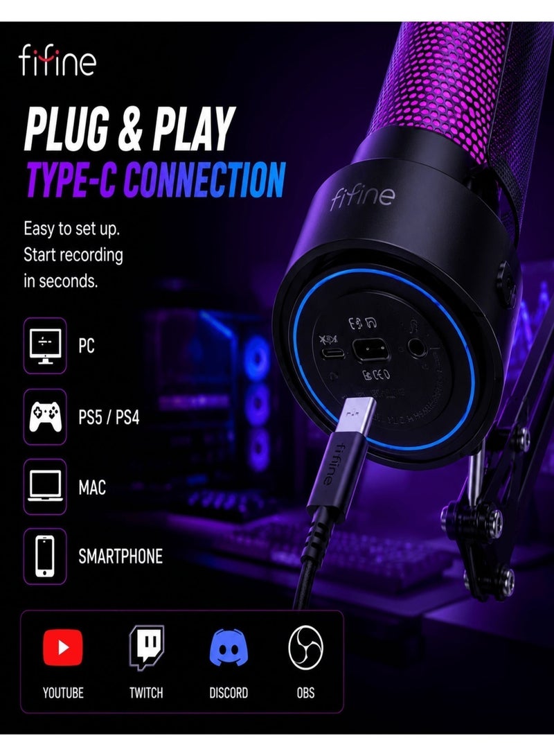 FIFINE USB Gaming Microphone Kit, PC Streaming Mic with RGB Lights, Mute, Gain Knob, Metal Boom Arm for Recording Podcast, Condenser Computer Microphone Set Compatible with PS4/PS5-AmpliGame A8T - Image 5