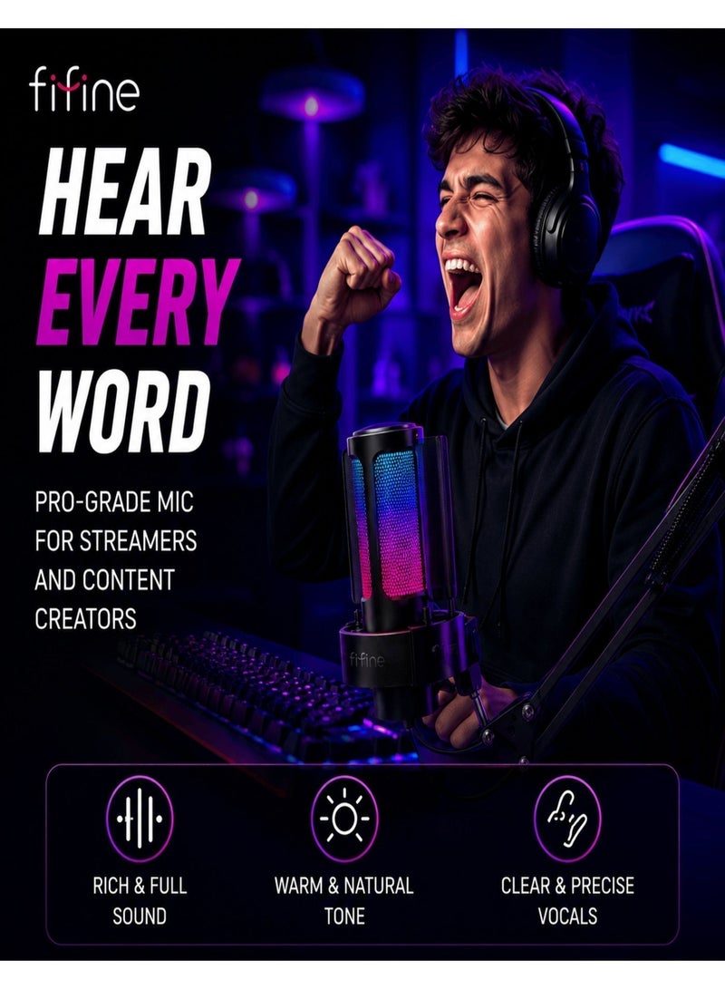 FIFINE USB Gaming Microphone Kit, PC Streaming Mic with RGB Lights, Mute, Gain Knob, Metal Boom Arm for Recording Podcast, Condenser Computer Microphone Set Compatible with PS4/PS5-AmpliGame A8T - Image 2
