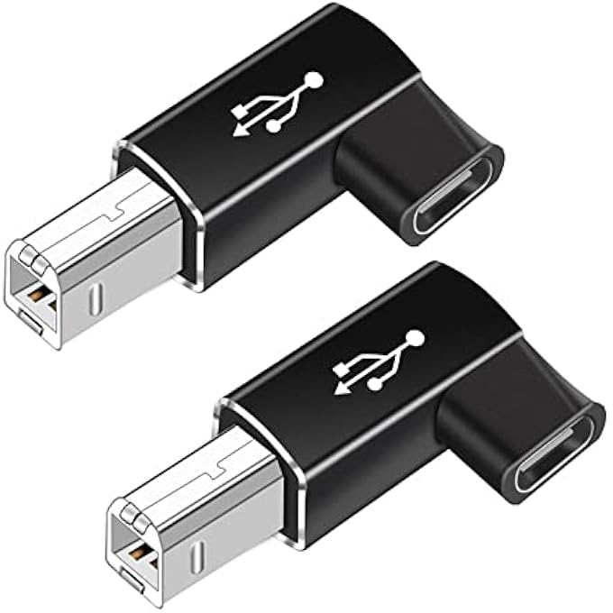 rayihni USB C FEMALE TO PRINTER MALE ADAPTER, (2 PACK) USB C TO RIGHT ANGLE USB B PRINTER CONVERT CONNECTOR SUPPORT DATA SYNC COMPATIBLE FOR HP CANON LEXMARK EPSON DELL XEROX, TYPE-C DEVICES LAPTOPS (BLACK) - Image 1