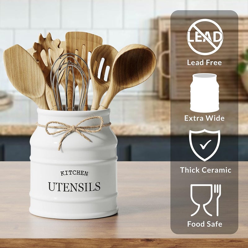 BARNYARD DESIGNS Ceramic Utensil Crock Holder for Kitchen Counter, Rustic Farmhouse Countertop Decor, French Country Organizer for Cooking Utensils, Spatulas and Mixing Spoons, White, 6ââ‚¬Â x 6.75" - Image 4