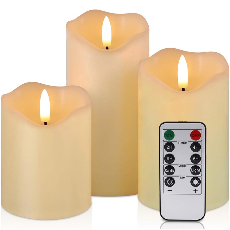 VIEWELLD Flickering Flameless Candles with Remote and Timer Realistic LED Candles Battery Operated Candles for Christmas Home Wedding Birthday Decoration Real Wax Set of 3Ivory White