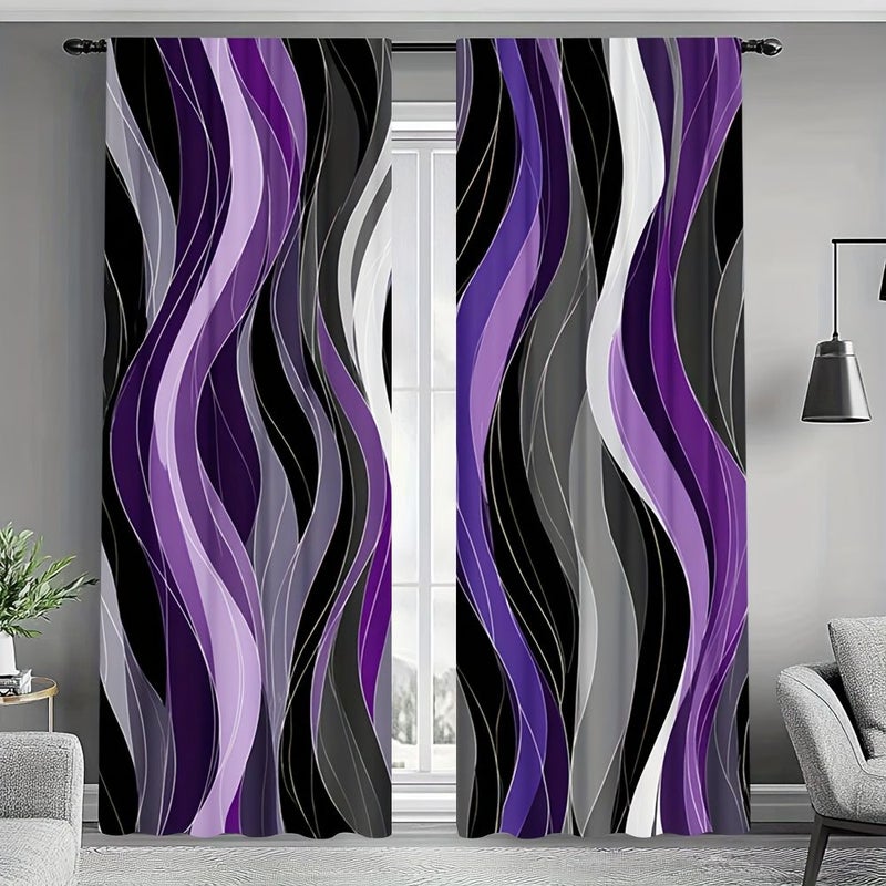 2D Flat Set Of 2 Semi Sheer Flat Curtains With Purple Wave Stripes Rod Pocket 132 By 240 Cm For Bedroom Living Room Office Seasonal Gift - Image 1