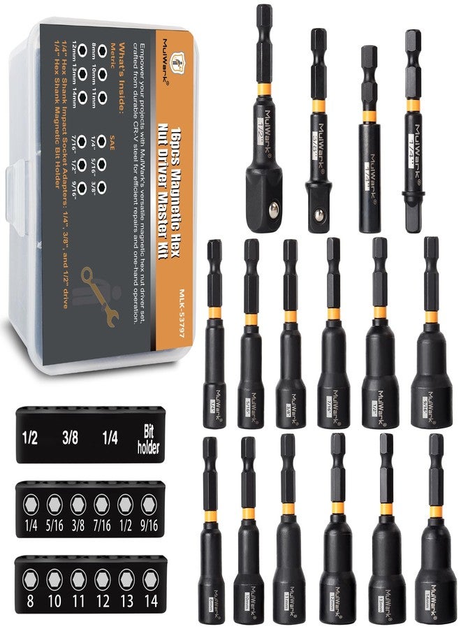 MulWark Magnetic Nut Driver Set 16 pcs Impact Driver Bit Set - Deep 1/4” Hex Shank Drill Bit Set - Impact Socket Adapters - Bit Extension Quick Change Torx Bit Set - Image 1