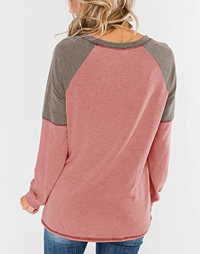 Bingerlily Women's Casual Long Sleeve Tunic Tops Crew Neck Color Block Blouses Deep Peach - Image 3