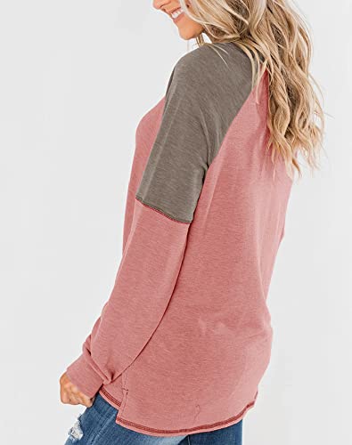 Bingerlily Women's Casual Long Sleeve Tunic Tops Crew Neck Color Block Blouses Deep Peach - Image 2