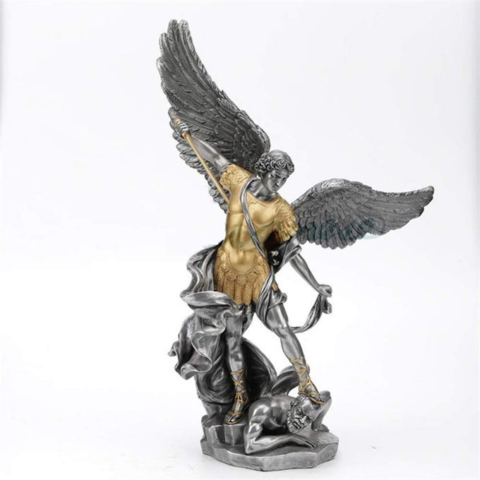 14 12 INCH PEWTER AND GOLD ARCHANGEL SAINT MICHAEL TRAMPLES DEMON STATUE SCULPTURE
