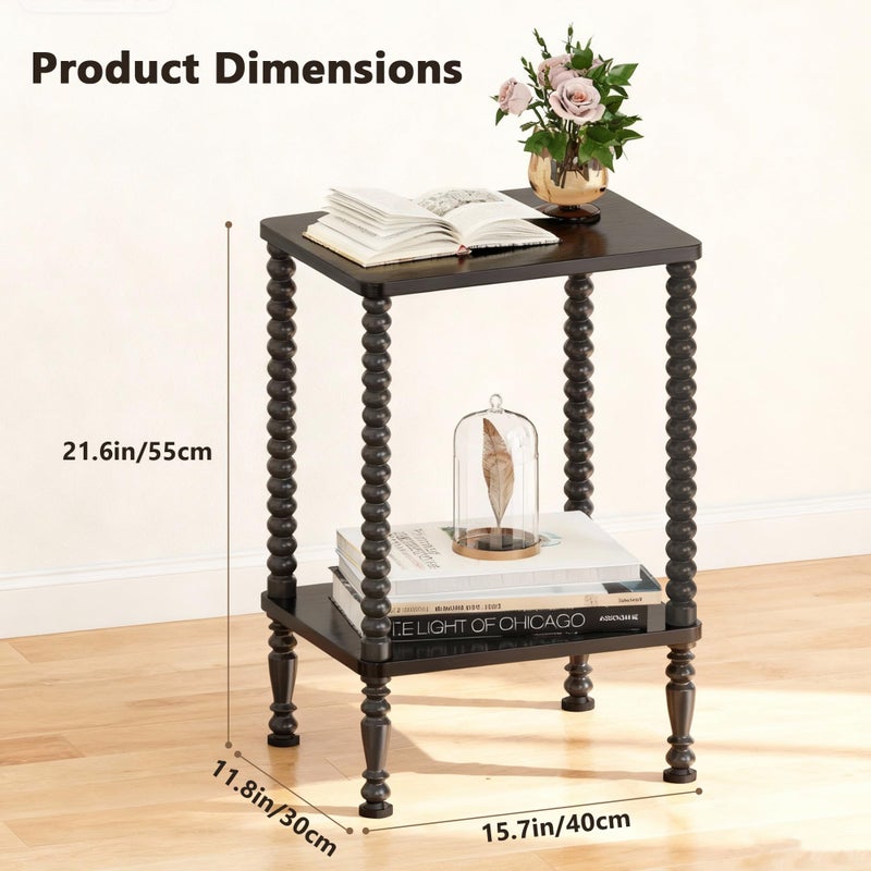 Lifenite Side Table, 2-Tier Wood End Table, Vintage Bedside Nightstand with Open Storage Shelf for Living Room, Bedroom, Office, Black - Image 2