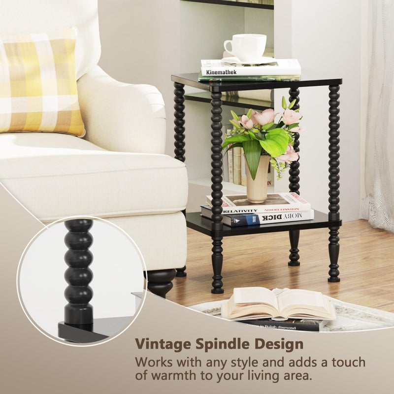 Lifenite Side Table, 2-Tier Wood End Table, Vintage Bedside Nightstand with Open Storage Shelf for Living Room, Bedroom, Office, Black - Image 3