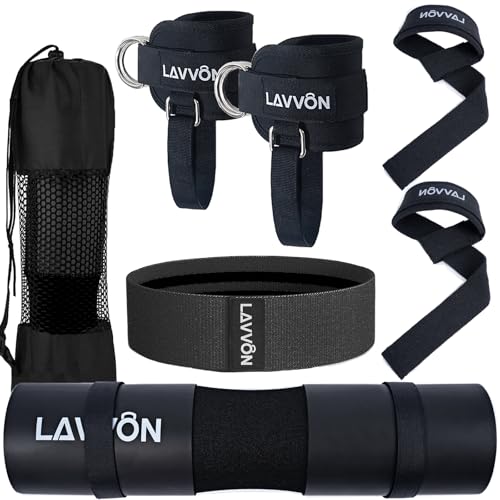 LAVVON 7Pcs-Barbell Pad Set for Hip Thrust - Squat Pad, Bench Press Workout Foam Weight Lifting Bar Cushion,Gym Accessories for Women with Bar Bad,with Gym Ankle Straps,Hip Resistance Bands,Lifting Strap (Black) - Image 1