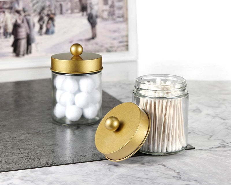 Amolliar Apothecary Jars Bathroom Storage Organizer -Countertop Storage Organizer Canister Jar - Cute Qtip Dispenser Holder Glass with Lid- for Cotton Swabs,Bath Salts,Hair Band / 2-Pack(Gold) - Image 5