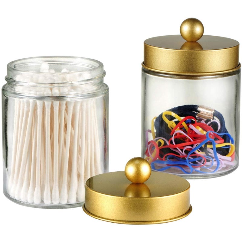 Amolliar Apothecary Jars Bathroom Storage Organizer -Countertop Storage Organizer Canister Jar - Cute Qtip Dispenser Holder Glass with Lid- for Cotton Swabs,Bath Salts,Hair Band / 2-Pack(Gold) - Image 2