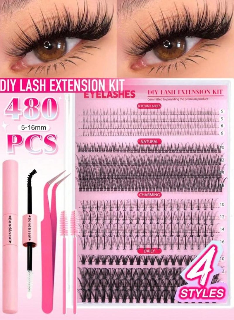Shein 480pcs Individual Eyelash Clusters Multi-Types Natural Looking 4 Styles Lower Lash Clusters, Light Volume, 7D Discontinuous, 40D Feathery Clusters&Super Soft&Super Light Reusable Eyelash Extension Kit for Beginners at Home or On-the-Go for Daily Life&Wedding&Dating&Party&Music Festivals&Halloween with Applicator and Sealer&Eyelash Tweezers&2 Eyelash Brushes - Image 1