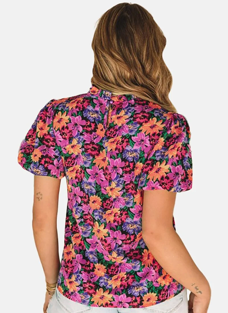 يونيكي Black Floral Short Sleeve Round Neck Tunics