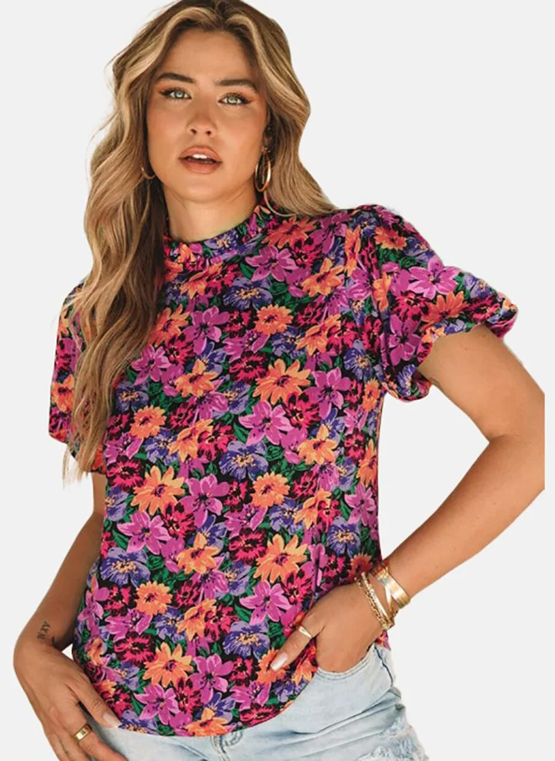يونيكي Black Floral Short Sleeve Round Neck Tunics