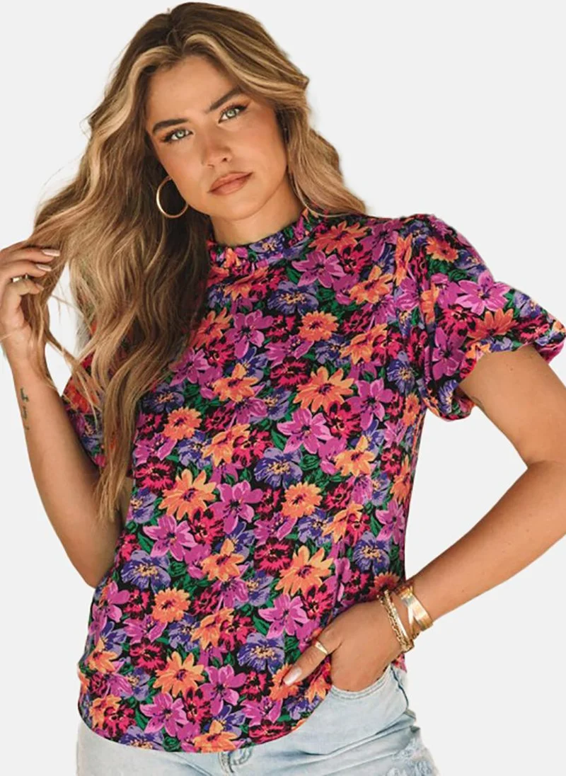 يونيكي Black Floral Short Sleeve Round Neck Tunics