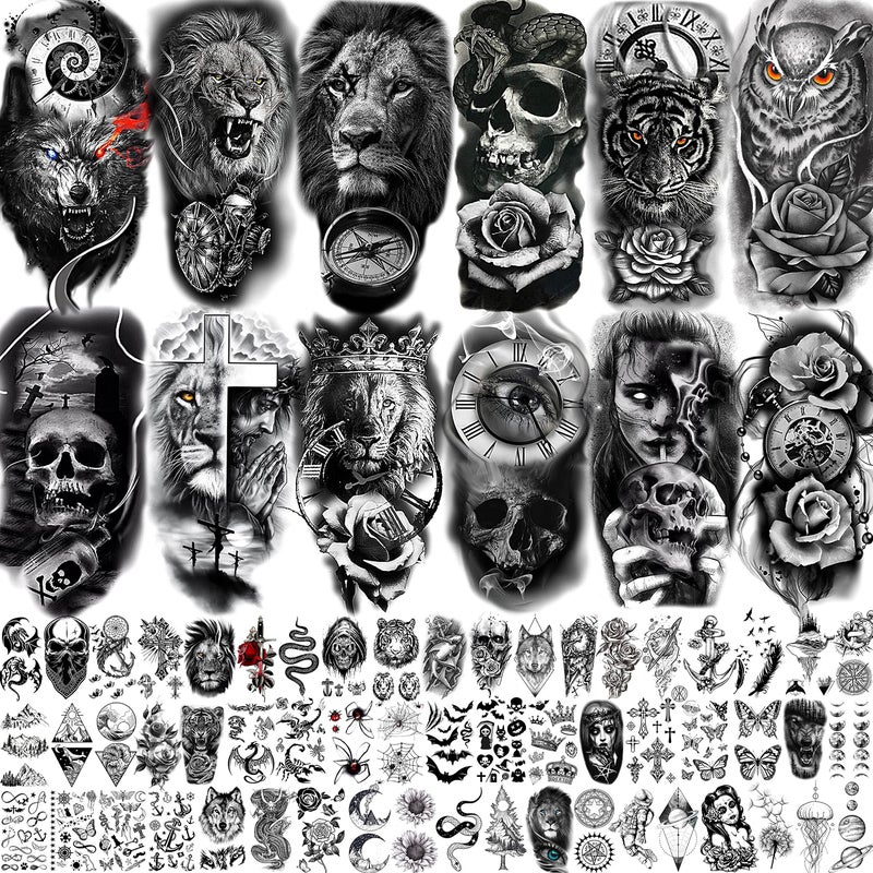 COKTAK 68 Sheets Large Half Arm Sleeve Temporary Tattoos For Men Women Forearm, Tribal Wolf Tiger Lion Owl Skull Temp Halloween Fake Tattoo Stickers Adults, Black Realistic Tattoo Flower Rose Animals - Image 1