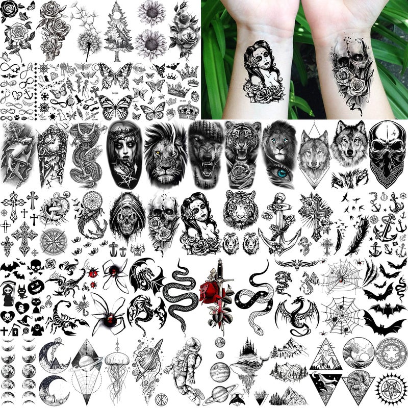 COKTAK 68 Sheets Large Half Arm Sleeve Temporary Tattoos For Men Women Forearm, Tribal Wolf Tiger Lion Owl Skull Temp Halloween Fake Tattoo Stickers Adults, Black Realistic Tattoo Flower Rose Animals - Image 5