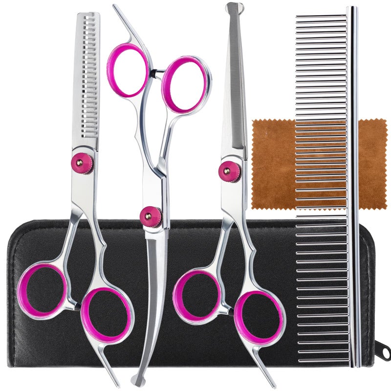 lengnoyp 5 in 1 Premium Dog Grooming Scissors, Professional Dog Scissors for Grooming with Safety Round Tips, Lengnoyp Stainless Steel Thinning Shears, Pet Cat Shears for Grooming Kit, Pink - Image 1