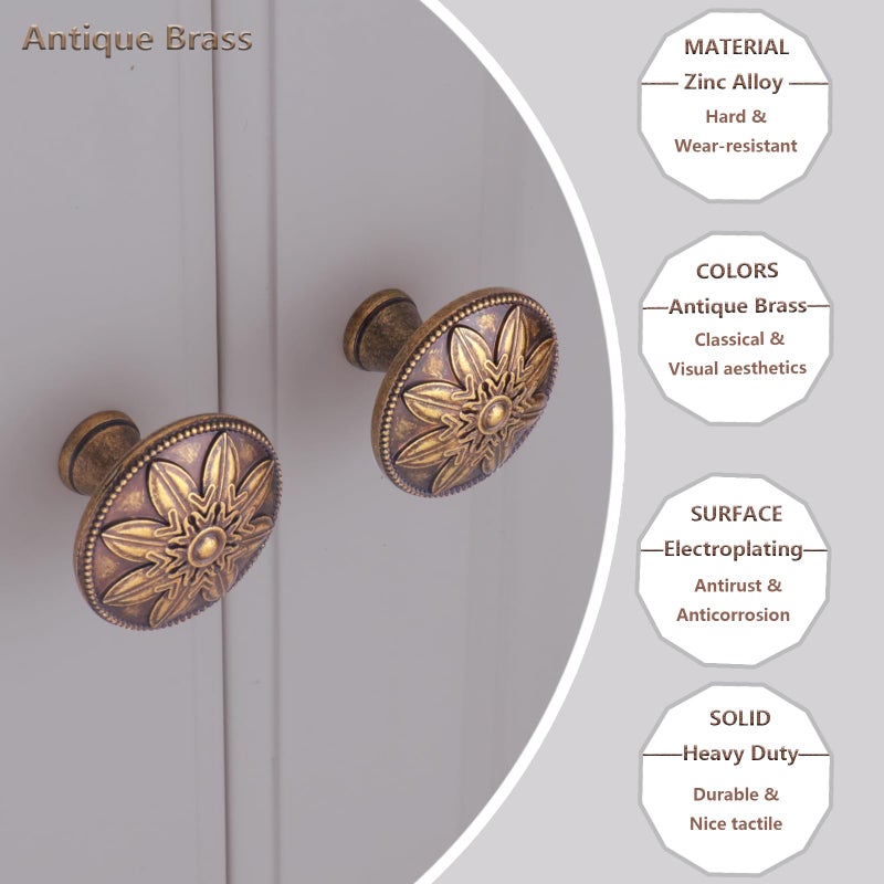 Xlroaafs 4 Pack Antique Brass Cabinet Knobs Vintage Dresser Knobs Drawer Knobs,1.4" Round Vintage Kitchen Cabinet Knobs Handles for Cabinets and Dresser Drawers Rustic - Image 3