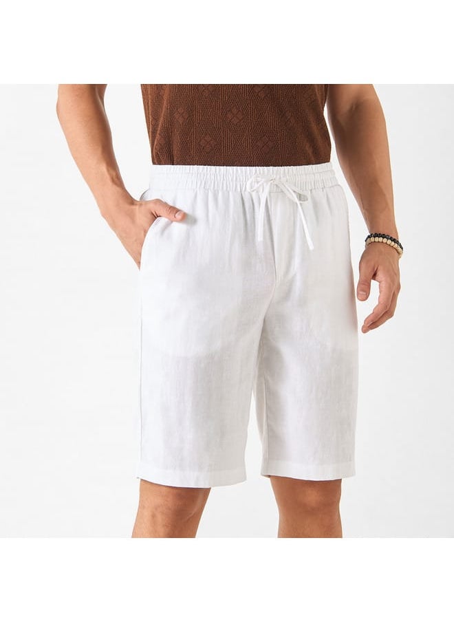 Iconic Iconic Solid Linen Blend Shorts with Pockets  - Image 1
