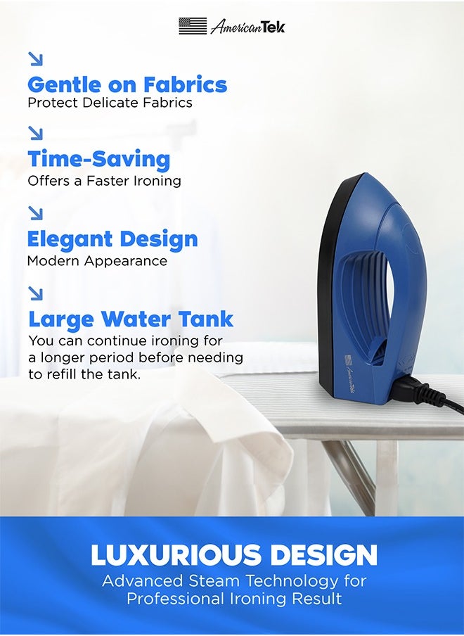 American Tek - Powerful Steam Iron with constant steam-Non Stick and Fast Heating Blue - Image 1