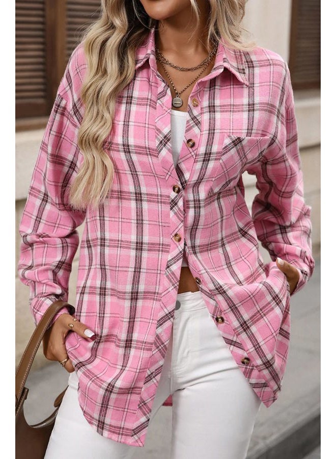 CHYRII Womens Oversized Flannel Shirts Button Down Long Sleeve Plaid Shirt Business Casual Blouse Top, Pink, XL - Image 2