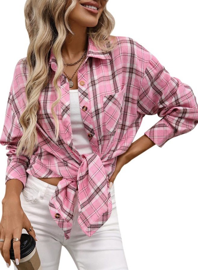 CHYRII Womens Oversized Flannel Shirts Button Down Long Sleeve Plaid Shirt Business Casual Blouse Top, Pink, XL - Image 1