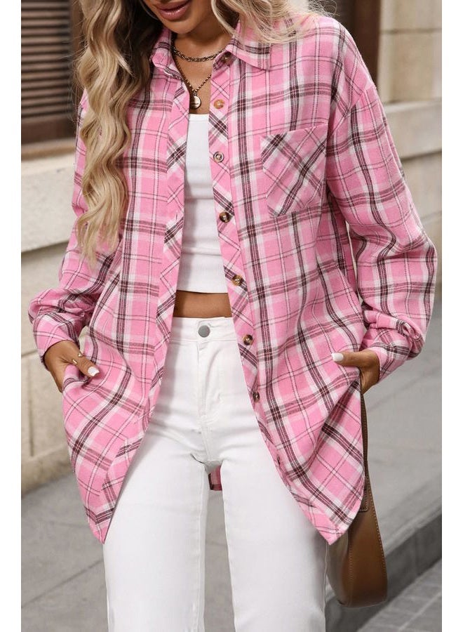 CHYRII Womens Oversized Flannel Shirts Button Down Long Sleeve Plaid Shirt Business Casual Blouse Top, Pink, XL - Image 4