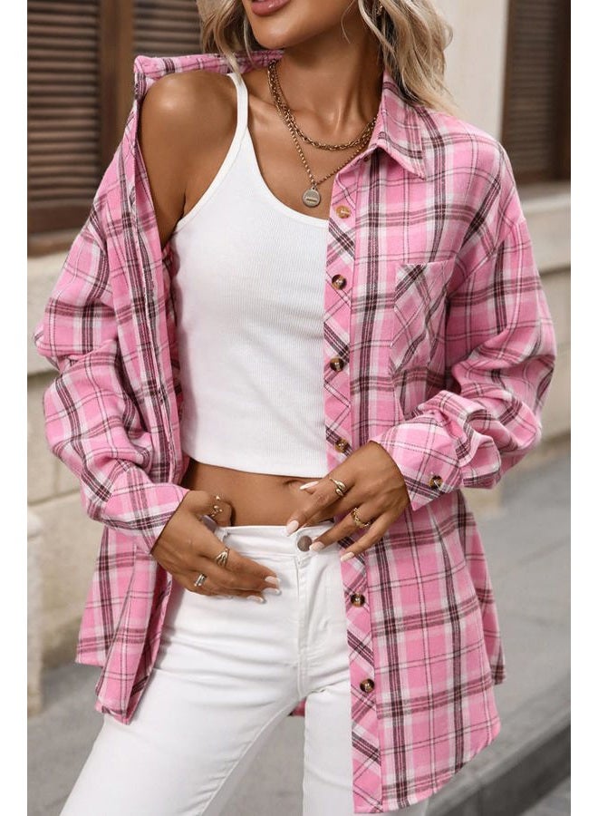 CHYRII Womens Oversized Flannel Shirts Button Down Long Sleeve Plaid Shirt Business Casual Blouse Top, Pink, XL - Image 3