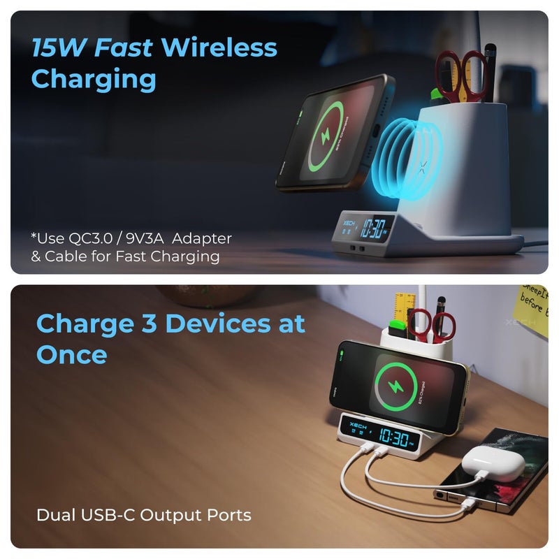 Xech ساعة منبه رقمية للنائمين بعمق | مصباح مع شاحن لاسلكي سريع بقوة 15 واط ومنافذ USB-C مزدوجة | إدخال سلكي من نوع C | هدايا رأس السنة للرجال والأولاد | صنع في الهند (أبيض، كويست ألترا) - Image 3