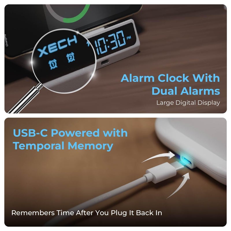 Xech ساعة منبه رقمية للنائمين بعمق | مصباح مع شاحن لاسلكي سريع بقوة 15 واط ومنافذ USB-C مزدوجة | إدخال سلكي من نوع C | هدايا رأس السنة للرجال والأولاد | صنع في الهند (أبيض، كويست ألترا) - Image 4