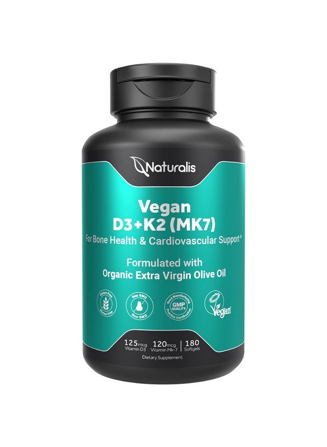 Naturalis Vegan Vitamin D3 + K2 With Extra Virgin Olive Oil; 5000Iu Vitamin D With 120Mcg Mk7 Vitamin K; Better Support For Bone & Immune Health; Vegan Society Certified 180 Softgels - Image 1