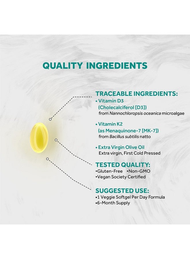 Naturalis Vegan Vitamin D3 + K2 With Extra Virgin Olive Oil; 5000Iu Vitamin D With 120Mcg Mk7 Vitamin K; Better Support For Bone & Immune Health; Vegan Society Certified 180 Softgels - Image 4