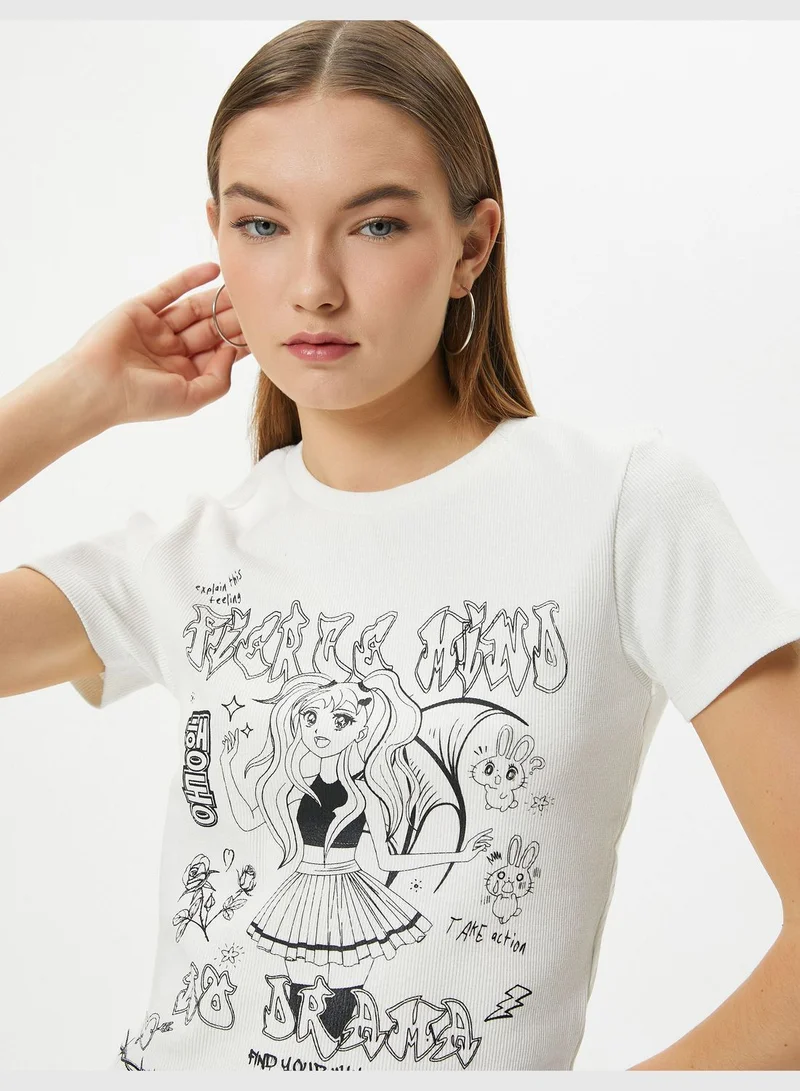 KOTON Anime T-Shirt Printed Short Sleeve Crew Neck Cotton Slim Fit