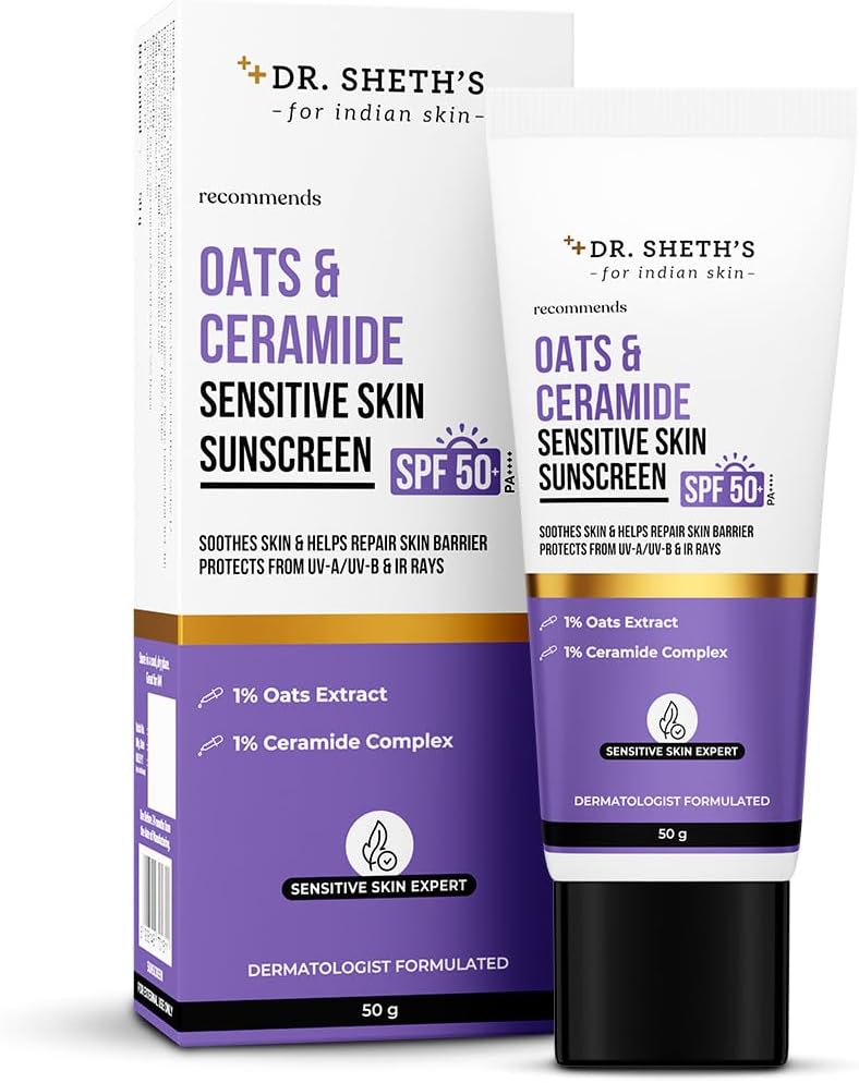 Dr. Sheth's Oats & Ceramide SPF 50+ Pa++++ | In-Vivo Tested | Oil-Free Sunscreen For Sensitive Skin | Lightweight & No White Cast | Strengthens Skin Barrier | Sun Protection From UVA/B/IR Rays | Men - Image 1