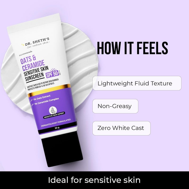 Dr. Sheth's Oats & Ceramide SPF 50+ Pa++++ | In-Vivo Tested | Oil-Free Sunscreen For Sensitive Skin | Lightweight & No White Cast | Strengthens Skin Barrier | Sun Protection From UVA/B/IR Rays | Men - Image 2