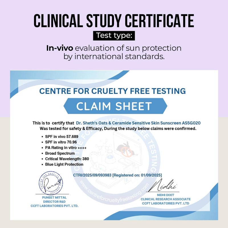 Dr. Sheth's Oats & Ceramide SPF 50+ Pa++++ | In-Vivo Tested | Oil-Free Sunscreen For Sensitive Skin | Lightweight & No White Cast | Strengthens Skin Barrier | Sun Protection From UVA/B/IR Rays | Men - Image 5