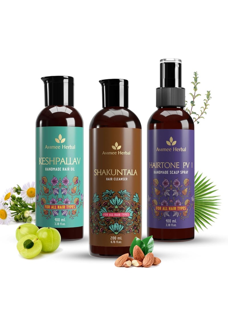 AVIMEE HERBAL - Hair Fall Kit - Keshpallav Hair Oil (100ml) , Shakuntala Hair Cleanser (200ml) and Hairtone PV1 Scalp Spray (100ml) - Hair Nourishment and Care Combo - Image 1
