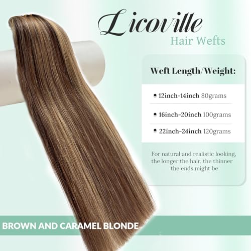 Licoville Weft Hair Extensions Real Human Hair Blonde Highlights Human Hair Wefts Sew in Hand Tied Remy Hair Bundles Brown and Blonde Sew in Extensions 16 Inch 100G - Image 3