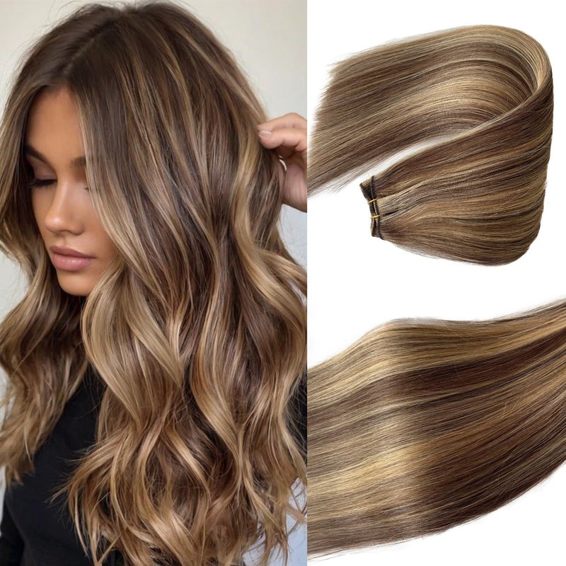Licoville Weft Hair Extensions Real Human Hair Blonde Highlights Human Hair Wefts Sew in Hand Tied Remy Hair Bundles Brown and Blonde Sew in Extensions 16 Inch 100G - Image 2