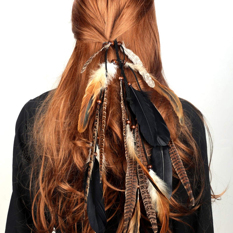 MWOOT 2Pcs Feather Hair Clip-in Extensions for Women Halloween Cosplay Costume Carnival Party Headdress, Handmade Bohemian Hippie Hair Clip Comb, Mixed Peacock Pheasant Tails Feather Clips Black Brown - Image 5