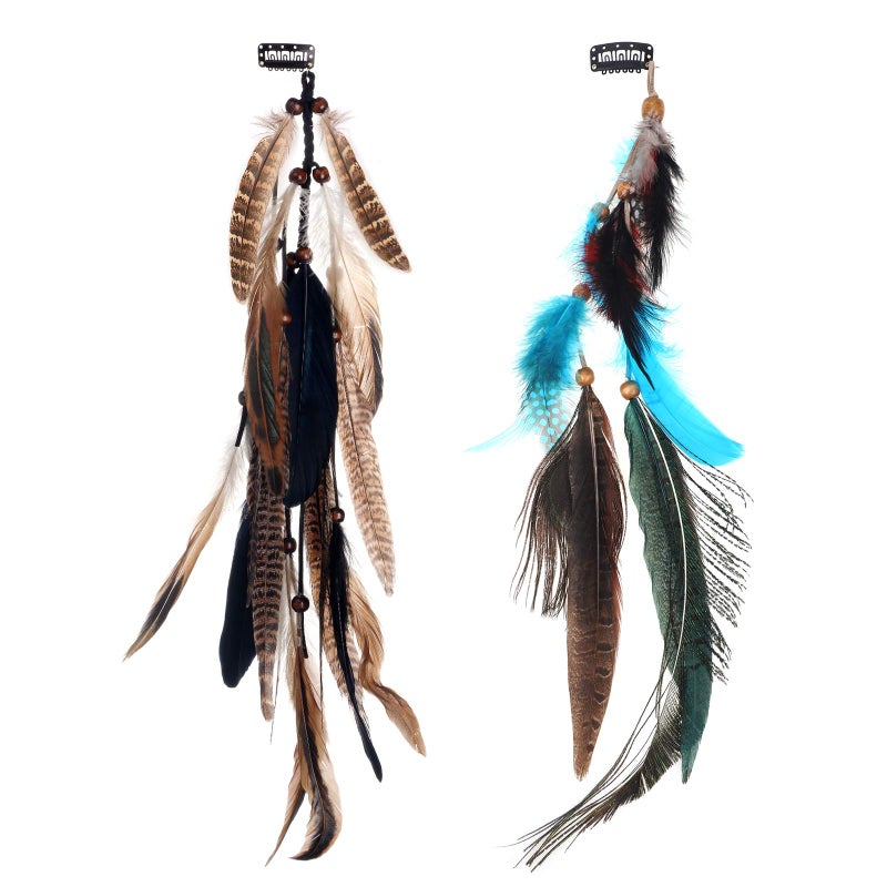 MWOOT 2Pcs Feather Hair Clip-in Extensions for Women Halloween Cosplay Costume Carnival Party Headdress, Handmade Bohemian Hippie Hair Clip Comb, Mixed Peacock Pheasant Tails Feather Clips Black Brown - Image 1