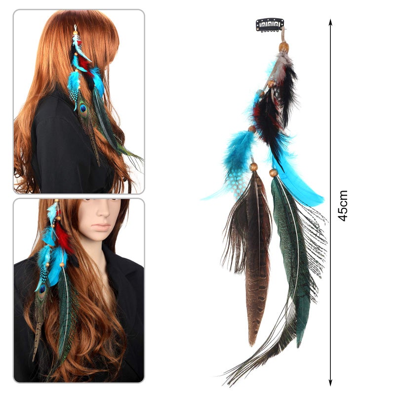 MWOOT 2Pcs Feather Hair Clip-in Extensions for Women Halloween Cosplay Costume Carnival Party Headdress, Handmade Bohemian Hippie Hair Clip Comb, Mixed Peacock Pheasant Tails Feather Clips Black Brown - Image 3