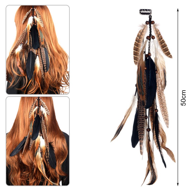 MWOOT 2Pcs Feather Hair Clip-in Extensions for Women Halloween Cosplay Costume Carnival Party Headdress, Handmade Bohemian Hippie Hair Clip Comb, Mixed Peacock Pheasant Tails Feather Clips Black Brown - Image 2