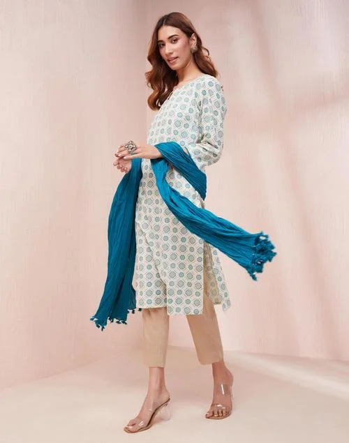 Fabindia  Avni White Cotton Dupatta & Printed Kurta Set for Women | Best Price UAE