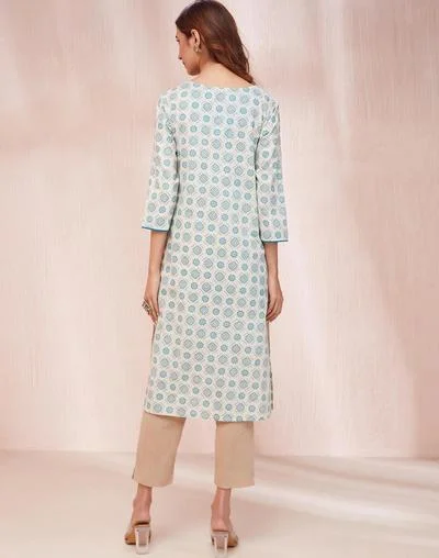 Fabindia  Avni White Cotton Dupatta & Printed Kurta Set for Women | Best Price UAE
