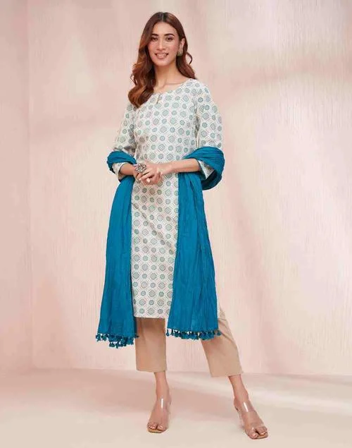 Fabindia Avni White Cotton Dupatta & Printed Kurta Set