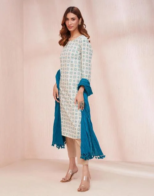 Fabindia Avni White Cotton Dupatta & Printed Kurta Set